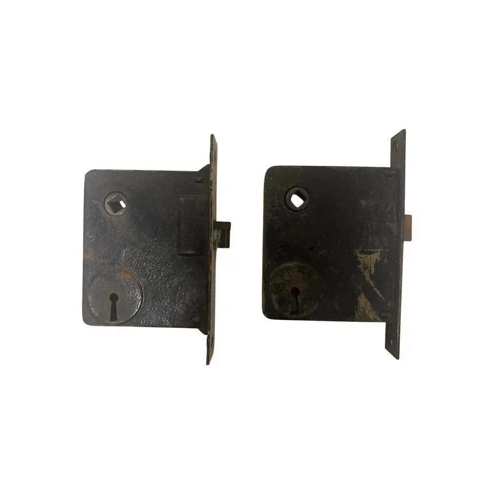 Pair set of 2 Antique ornate Mortise Lock Box Cast Iron / Brass art deco design